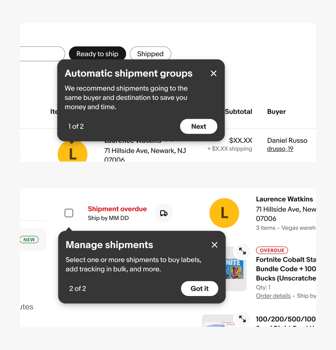 A multi-step tourtip under a “Ready to ship” button. The title reads “Automatic shipment groups”. The subhead is “We recommend shipments going to the same buyer and destination to save you money and time.” The sequence index is “1 of 2” and button is “Next”. A second tourtip under “Shipment overdue” is present. The title reads “Manage shipments”. The subhead is “Select one or more shipments to buy labels, add tracking in bulk, and more.” The sequence index is “2 of 2” and button is “Got it”.