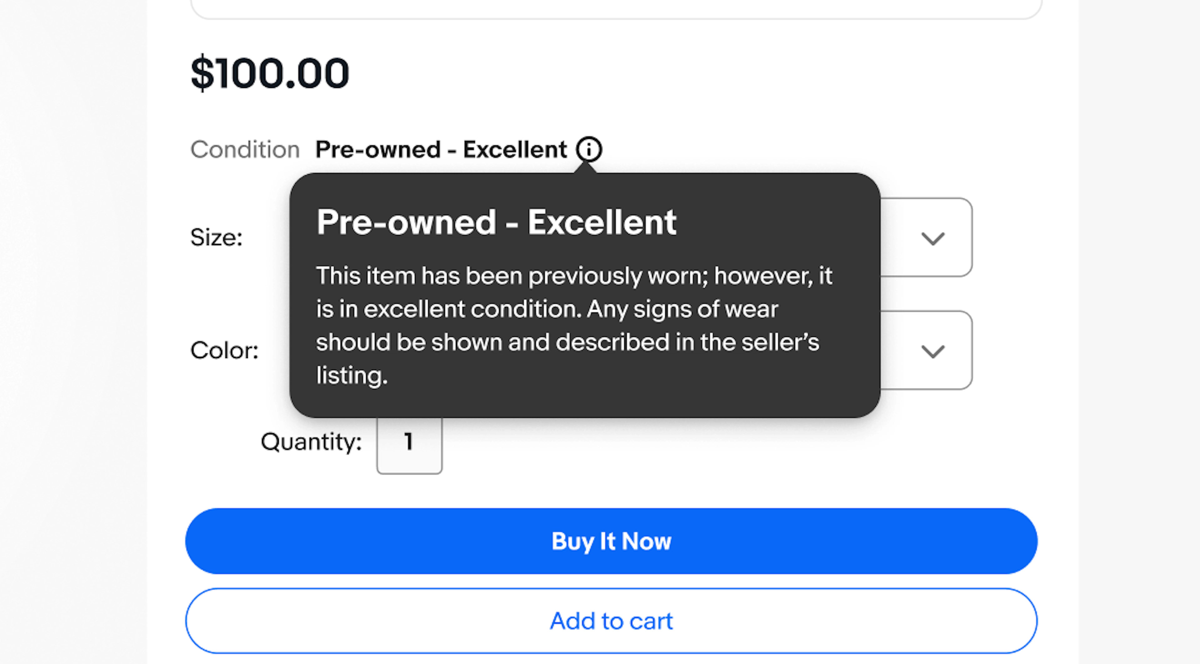 A cursor hovers over an information button, which displays a tooltip with a title of “Pre-owned - Excellent” and a subhead of “This item has been previously worn; however, it is in excellent condition. Any signs of wear should be shown and described in the seller’s listing.”