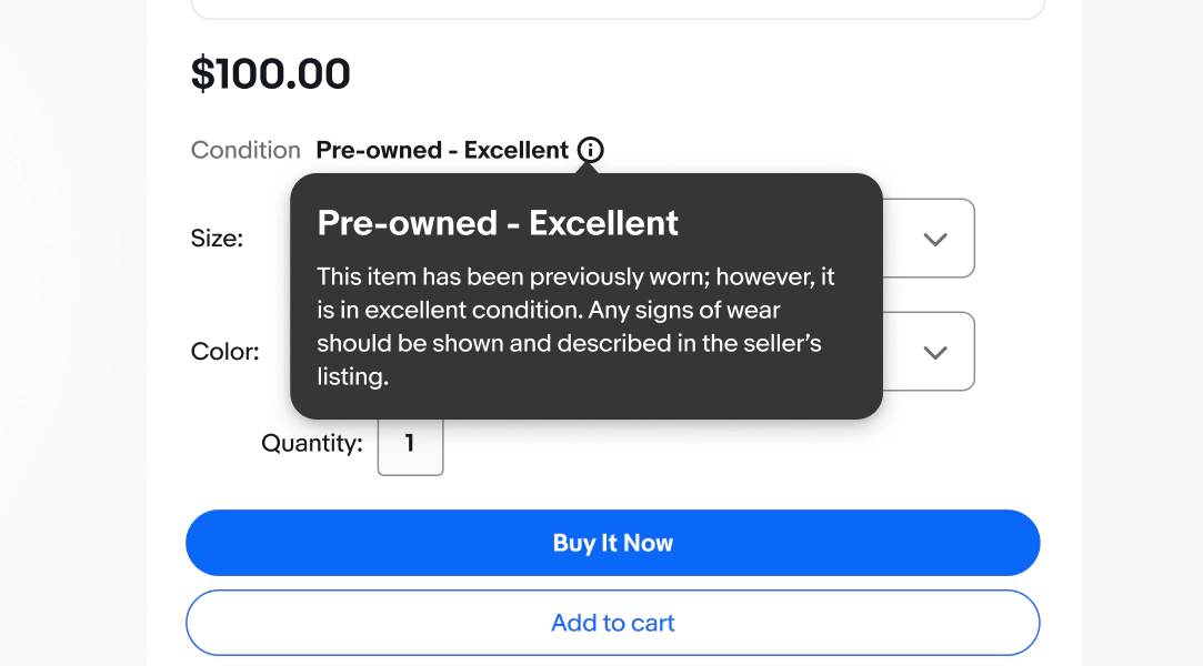 A cursor hovers over an information button, which displays a tooltip with a title of “Pre-owned - Excellent” and a subhead of “This item has been previously worn; however, it is in excellent condition. Any signs of wear should be shown and described in the seller’s listing.”