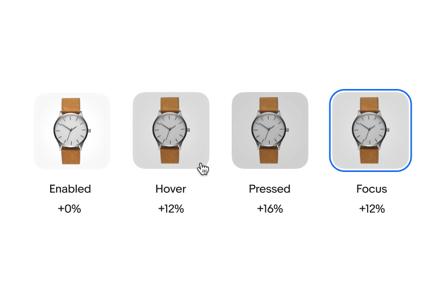 Four image buttons stacked in a row in light mode. The first row is a “See more” text link. The left example is enabled. The second is hovered with a pointer hand icon and an opacity applied. The third example is a pressed state. The right example is a focused state with the blue stroke without the opacity applied.