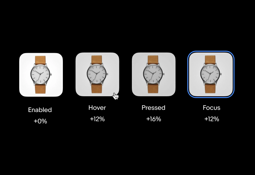 Four image buttons stacked in a row in dark mode. The first row is a “See more” text link. The left example is enabled. The second is hovered with a pointer hand icon and an opacity applied. The third example is a pressed state. The right example is a focused state with the blue stroke without the opacity applied.