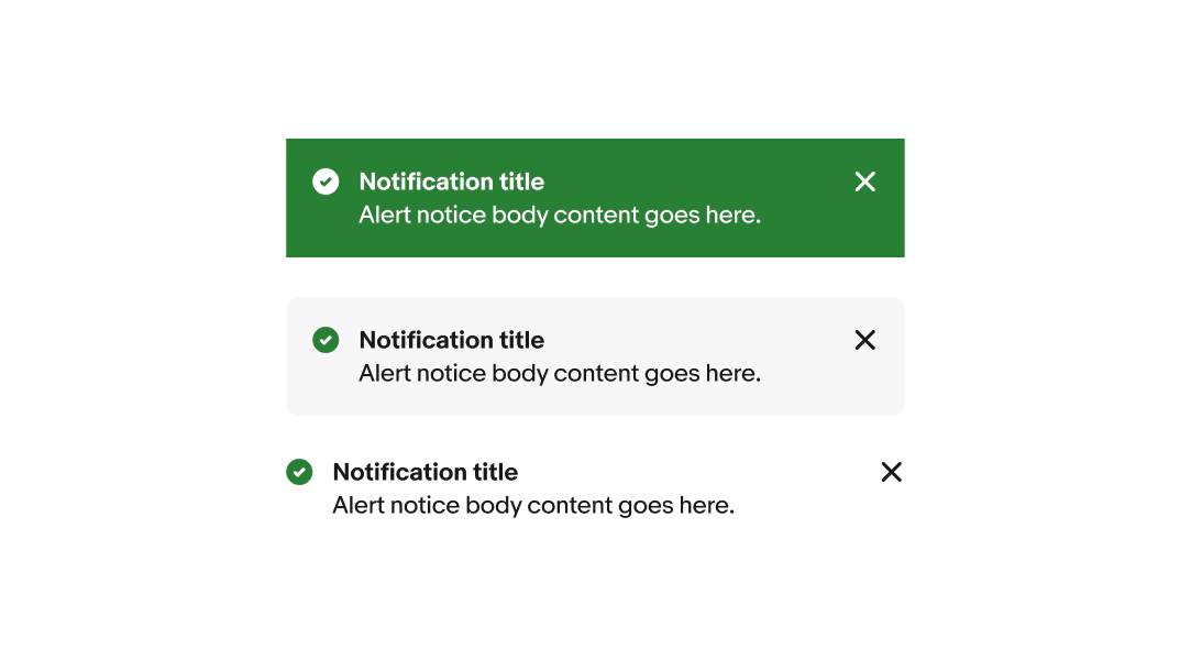A page, section and inline notice stacked showing the confirmation variant.