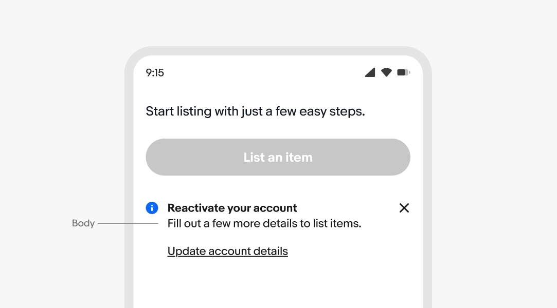 A mobile screen with an information inline notice. “Body” points to “Fill out a few more details to unlock your ability to list items.”