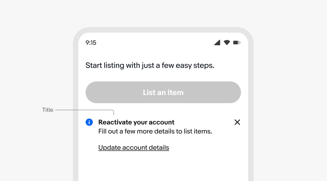 A mobile screen with an information inline notice. “Title” points to “Reactivate your account”.