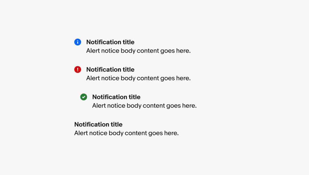 The four variants of inline notices including information, attention, confirmation, and general.
