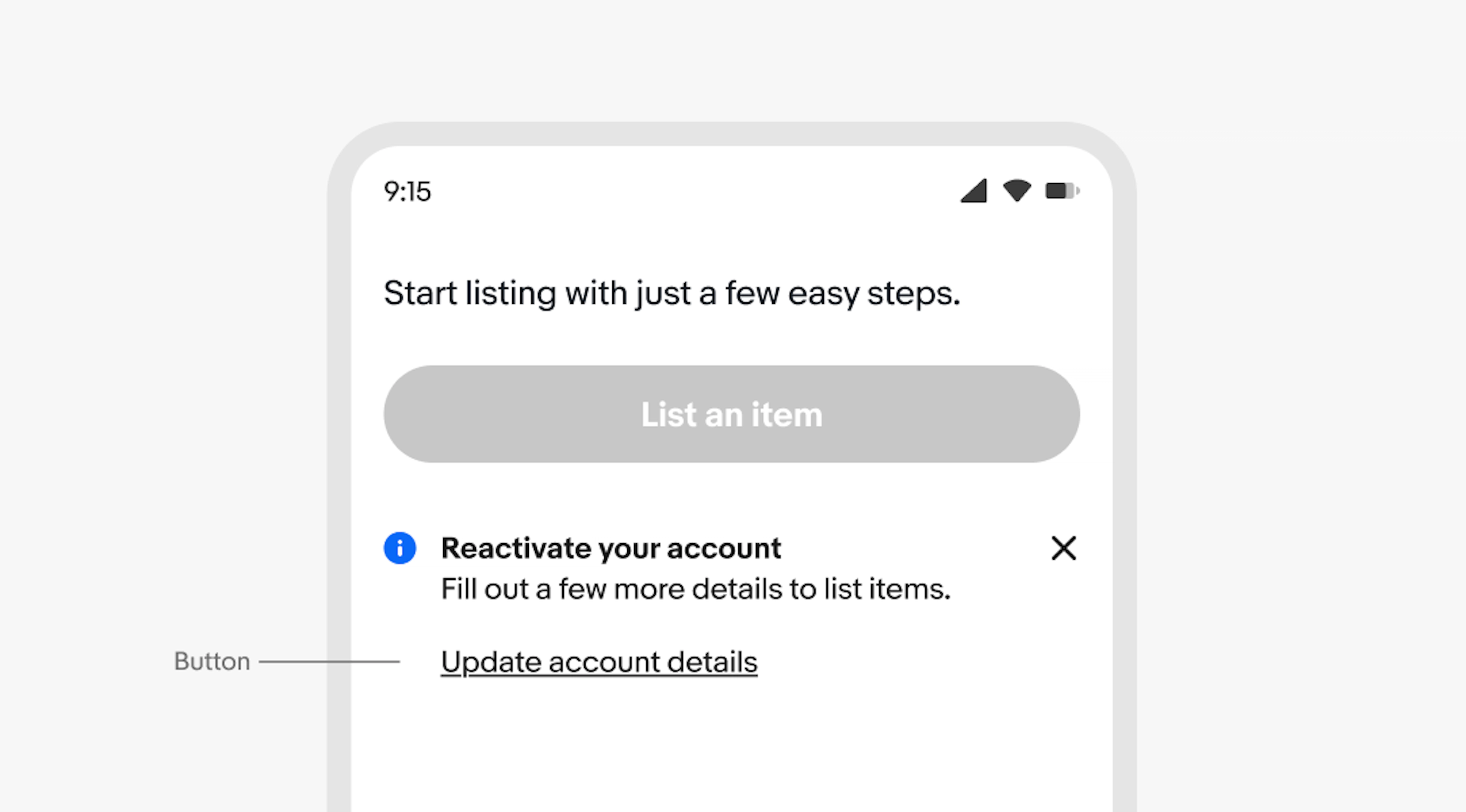 A mobile screen with an information inline notice. “Button” points to the link button “Update account details”.