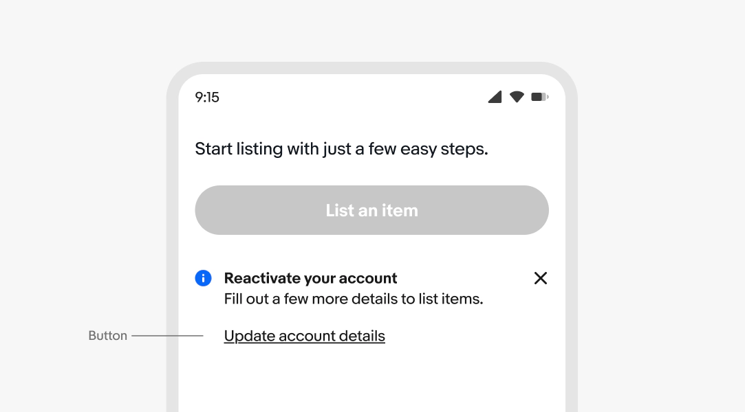 A mobile screen with an information inline notice. “Button” points to the link button “Update account details”.