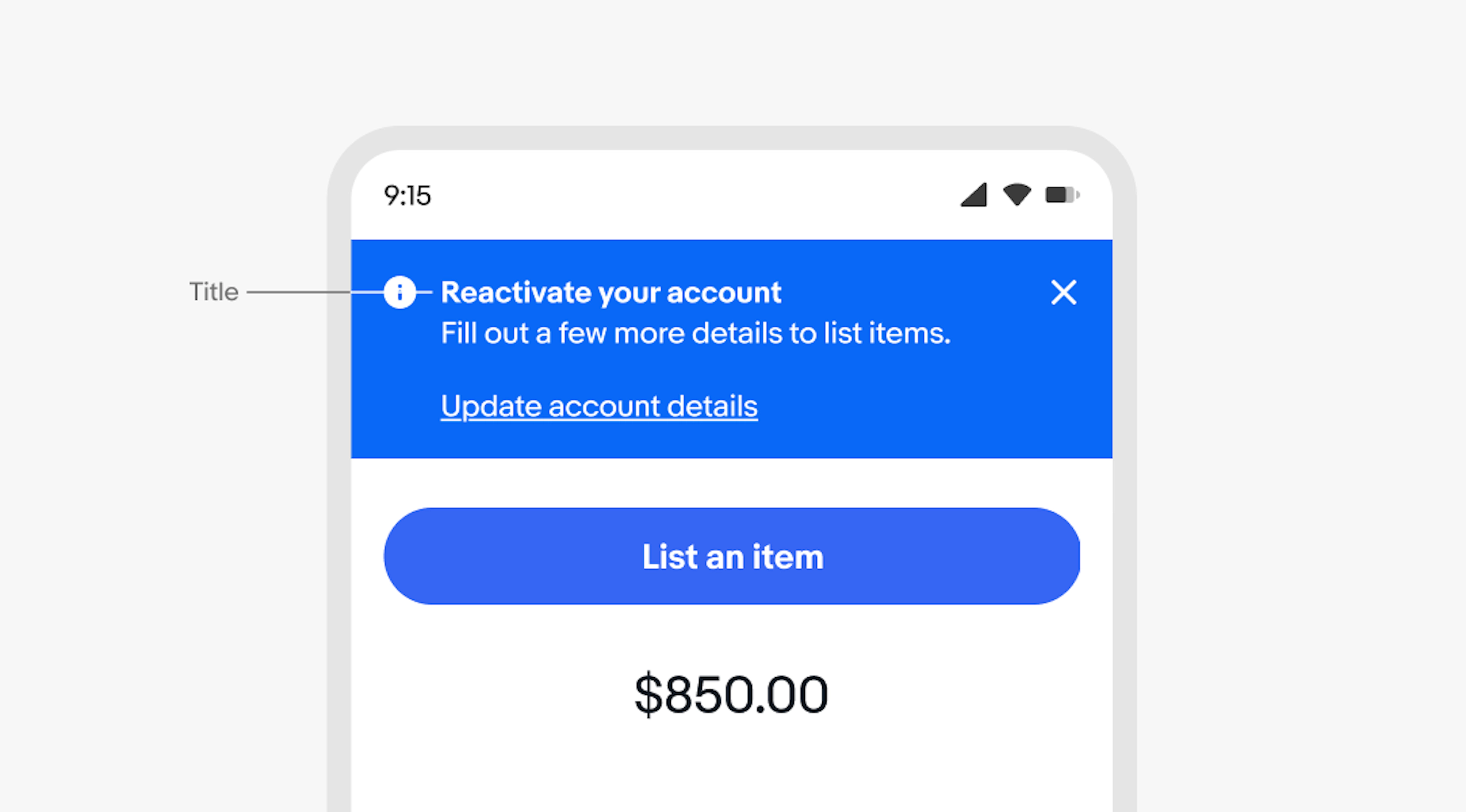 A mobile screen with an information page notice. “Title” points to “Reactivate your account”.