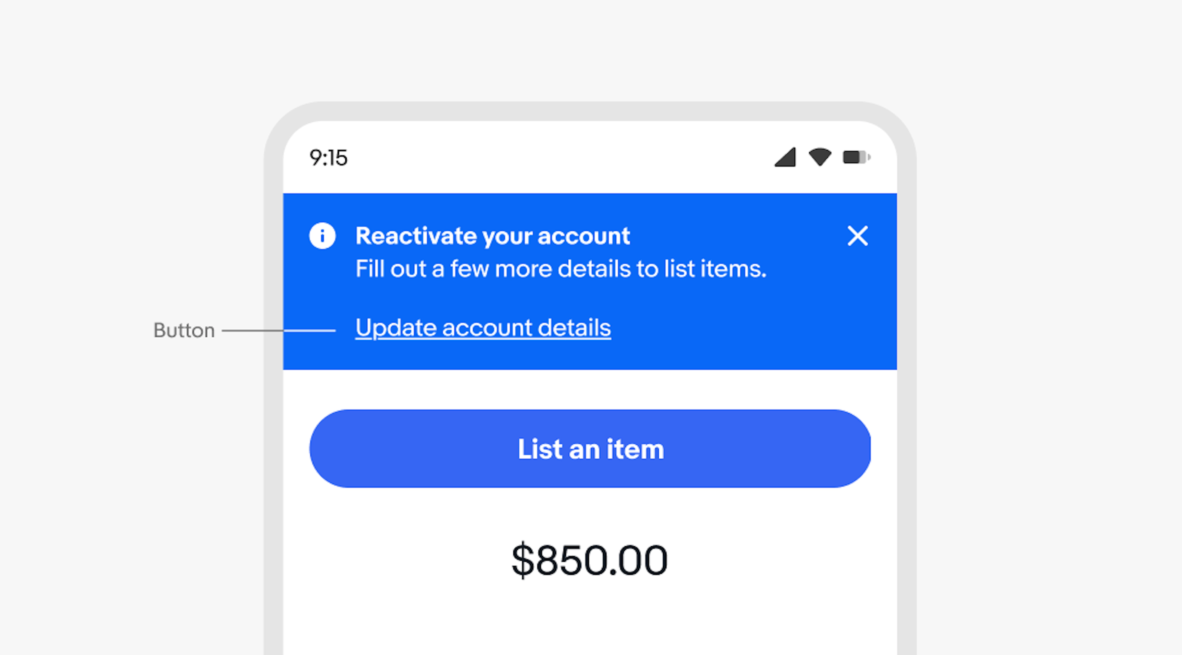 A mobile screen with an information page notice. “Button” points to the link button “Update account details”.