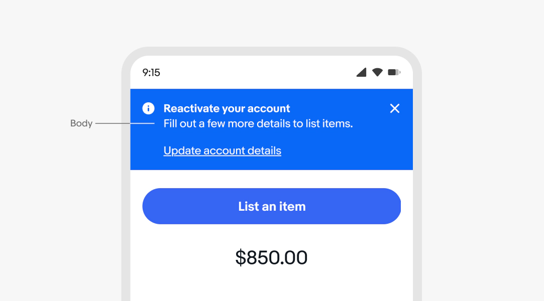 A mobile screen with an information page notice. “Body” points to “Fill out a few more details to unlock your ability to list items.”