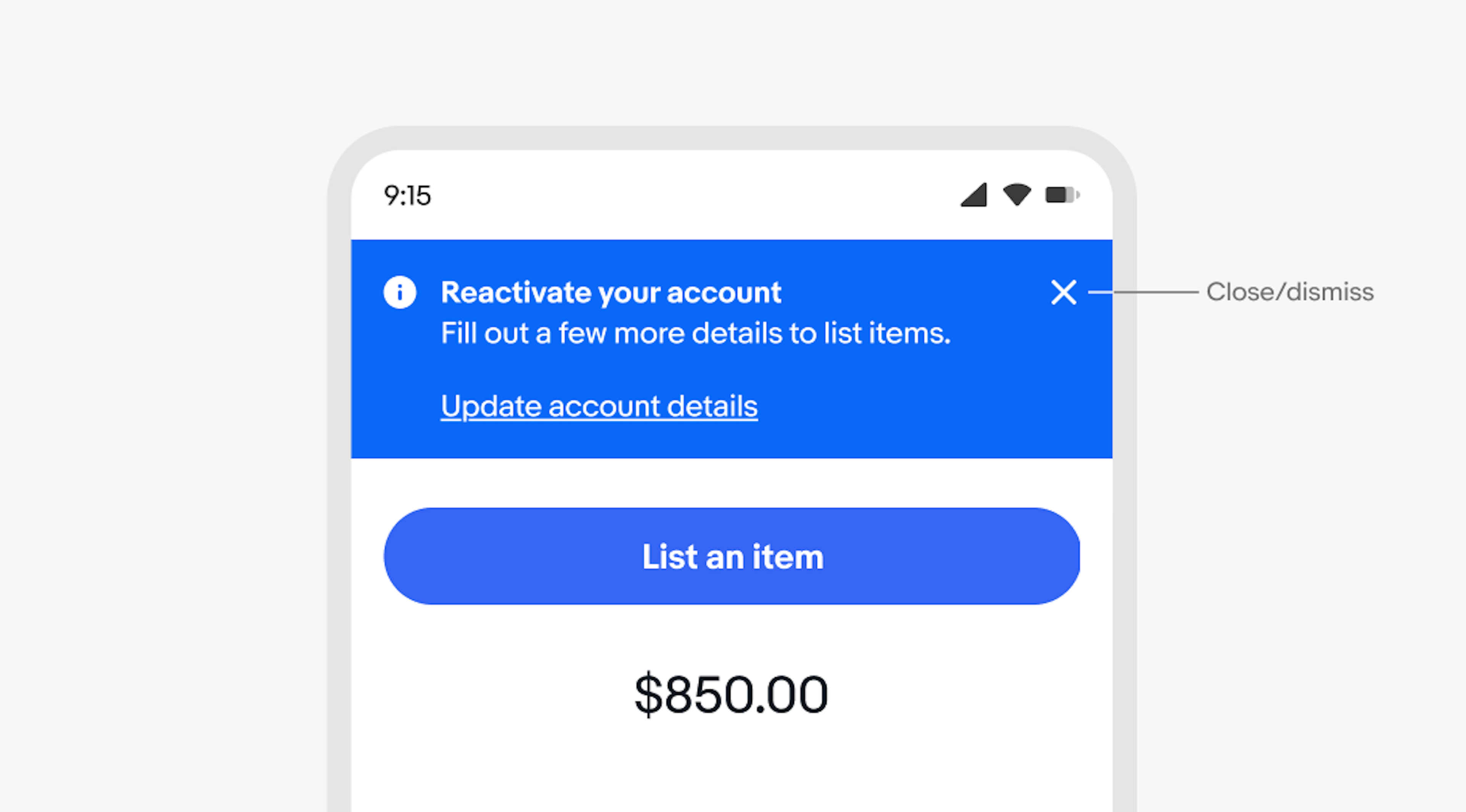 A mobile screen with an information page notice. “Close/dismiss” points to an “x” close icon.