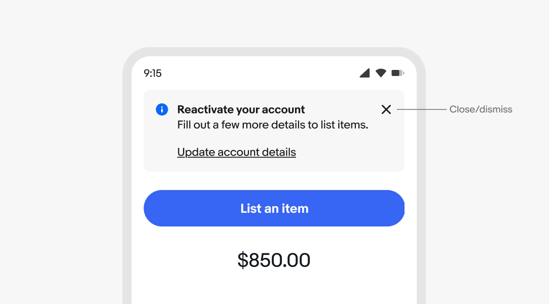 A mobile screen with an information section notice. “Close/dismiss” points to an “x” close icon.