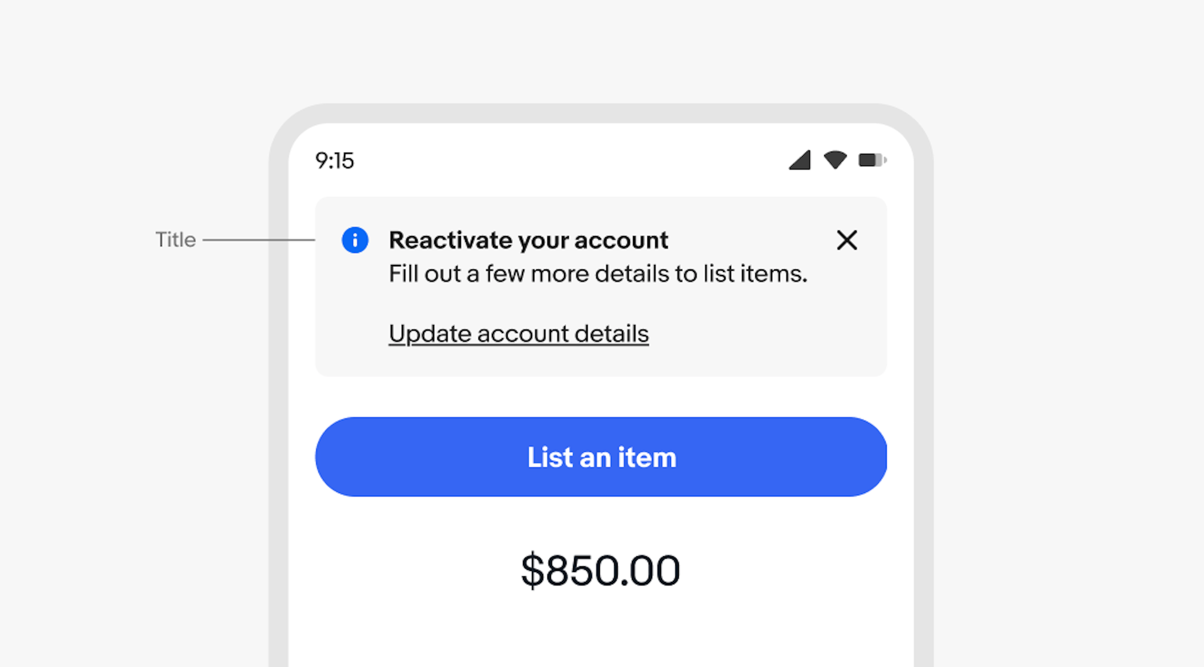 A mobile screen with an information section notice. “Title” points to “Reactivate your account”.