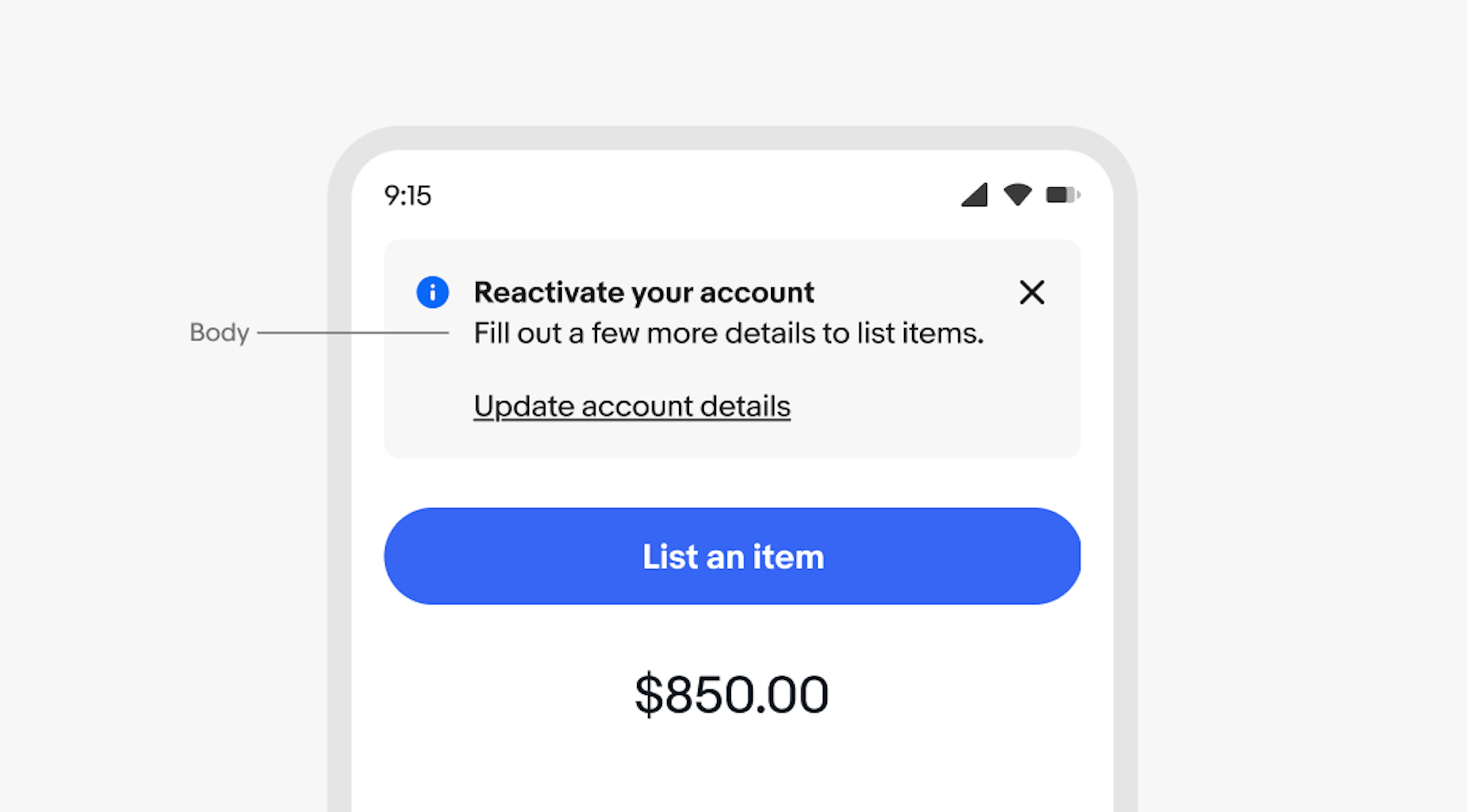 A mobile screen with an information section notice. “Body” points to “Fill out a few more details to unlock your ability to list items.”