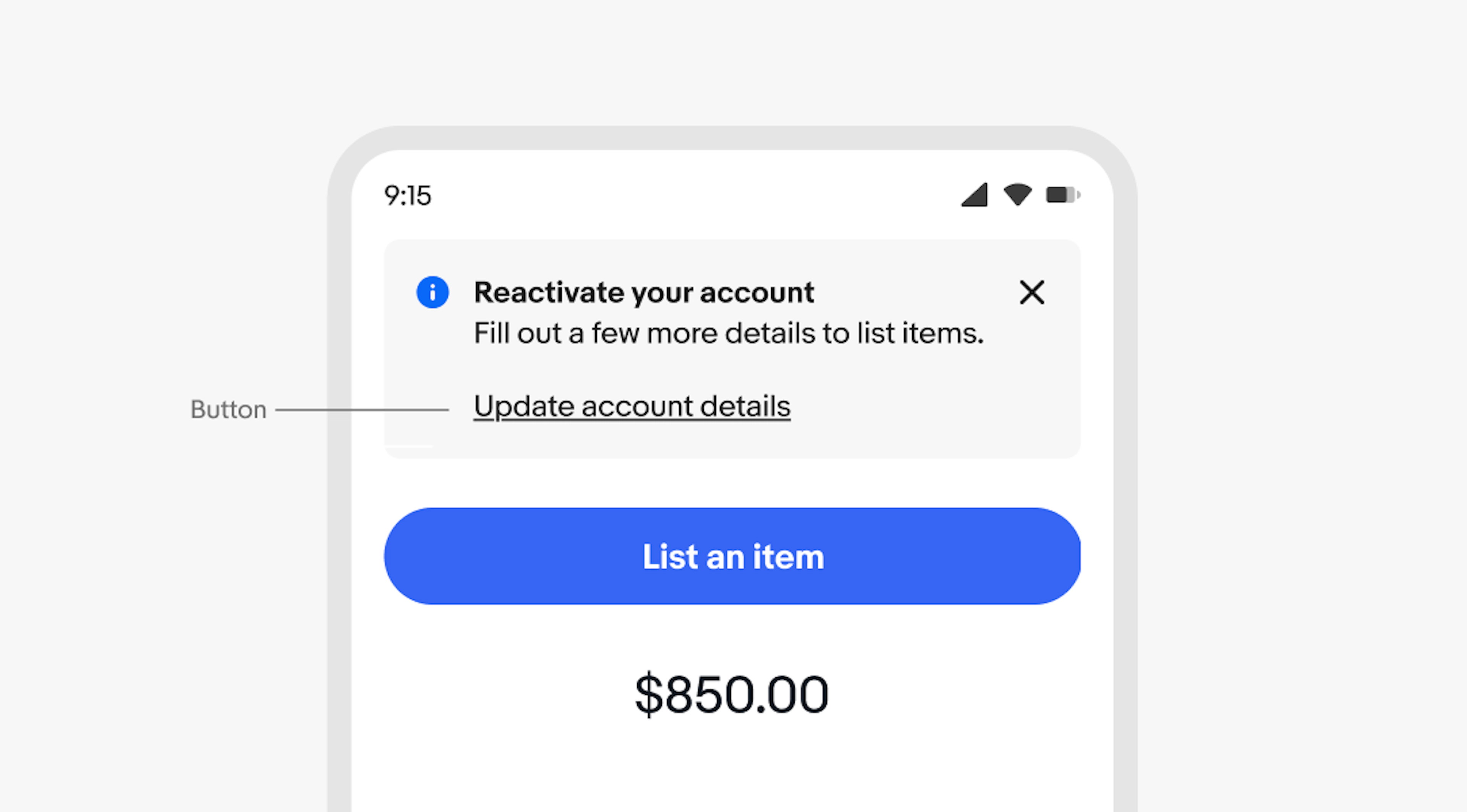 A mobile screen with an information section notice. “Button” points to the link button “Update account details”.