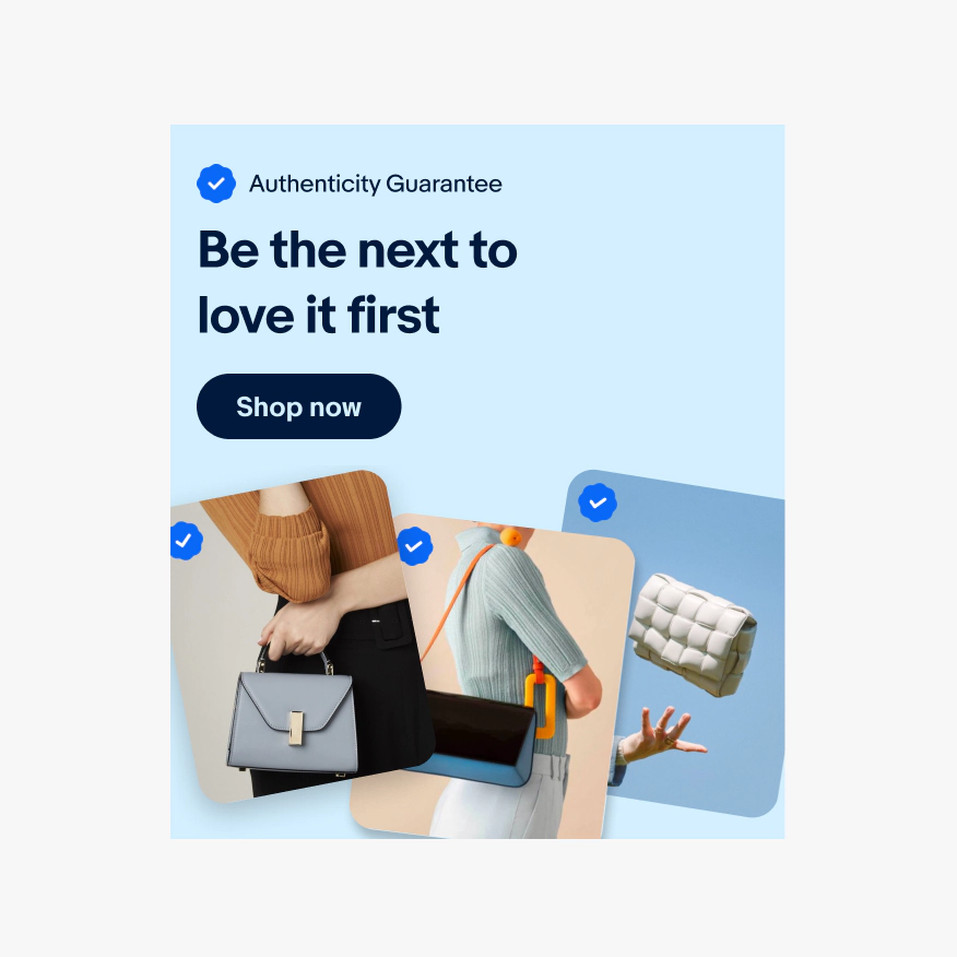 Indigo banner with a checkmark icon and “Authenticity Guarantee” in text next to it as the first line at the top. A title, button and image follow.