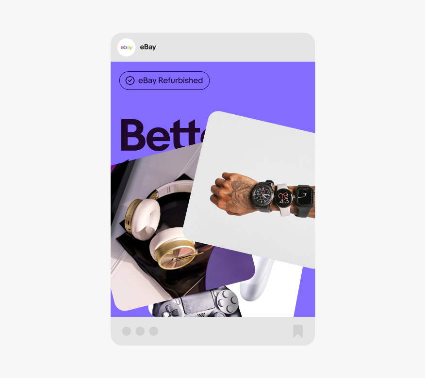 An eBay social post of three stacked images on top of a purple background with dark purple text.