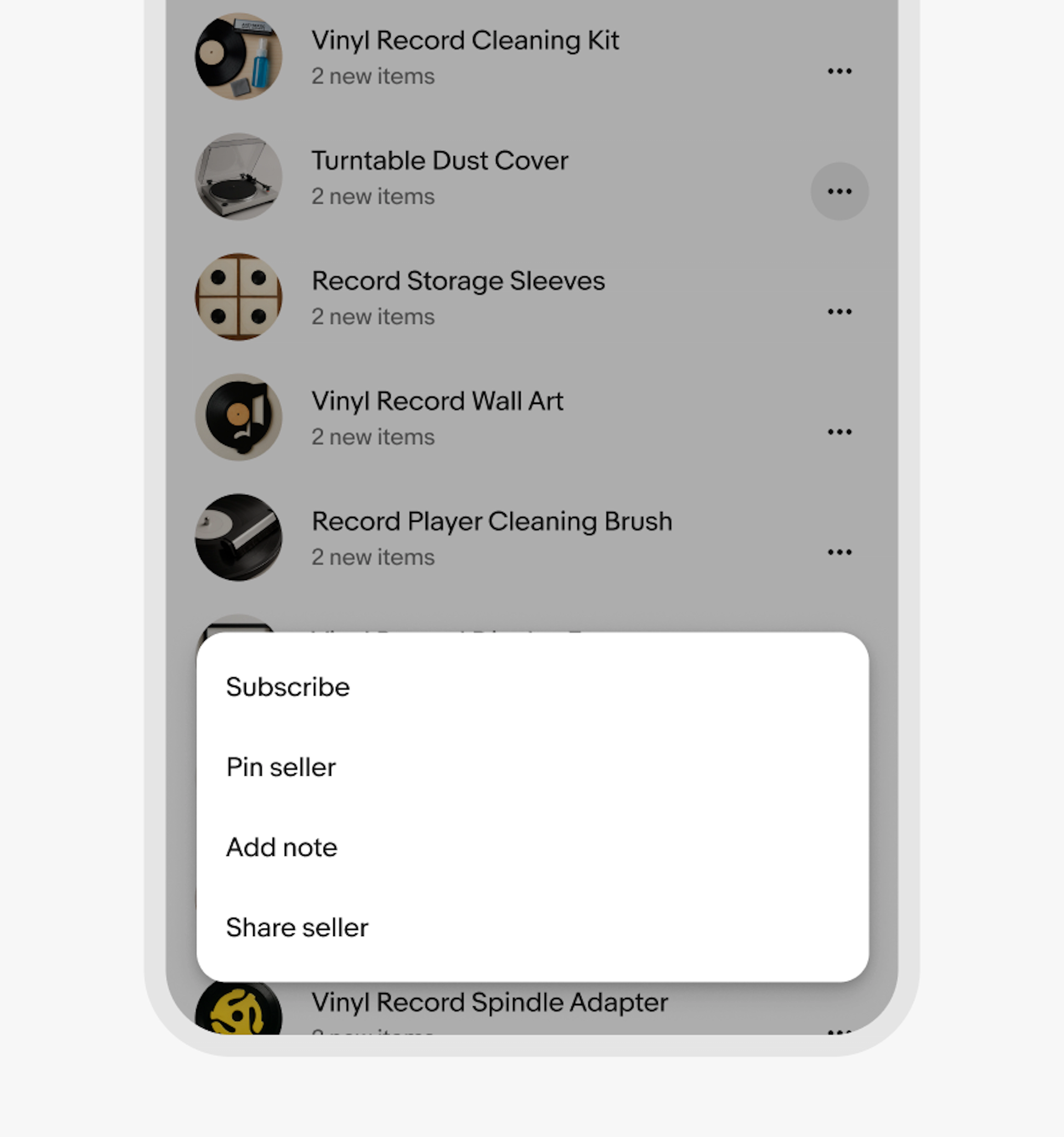 Improper use of a dialog with actions with Subscribe, Pin seller, Add note, Share seller