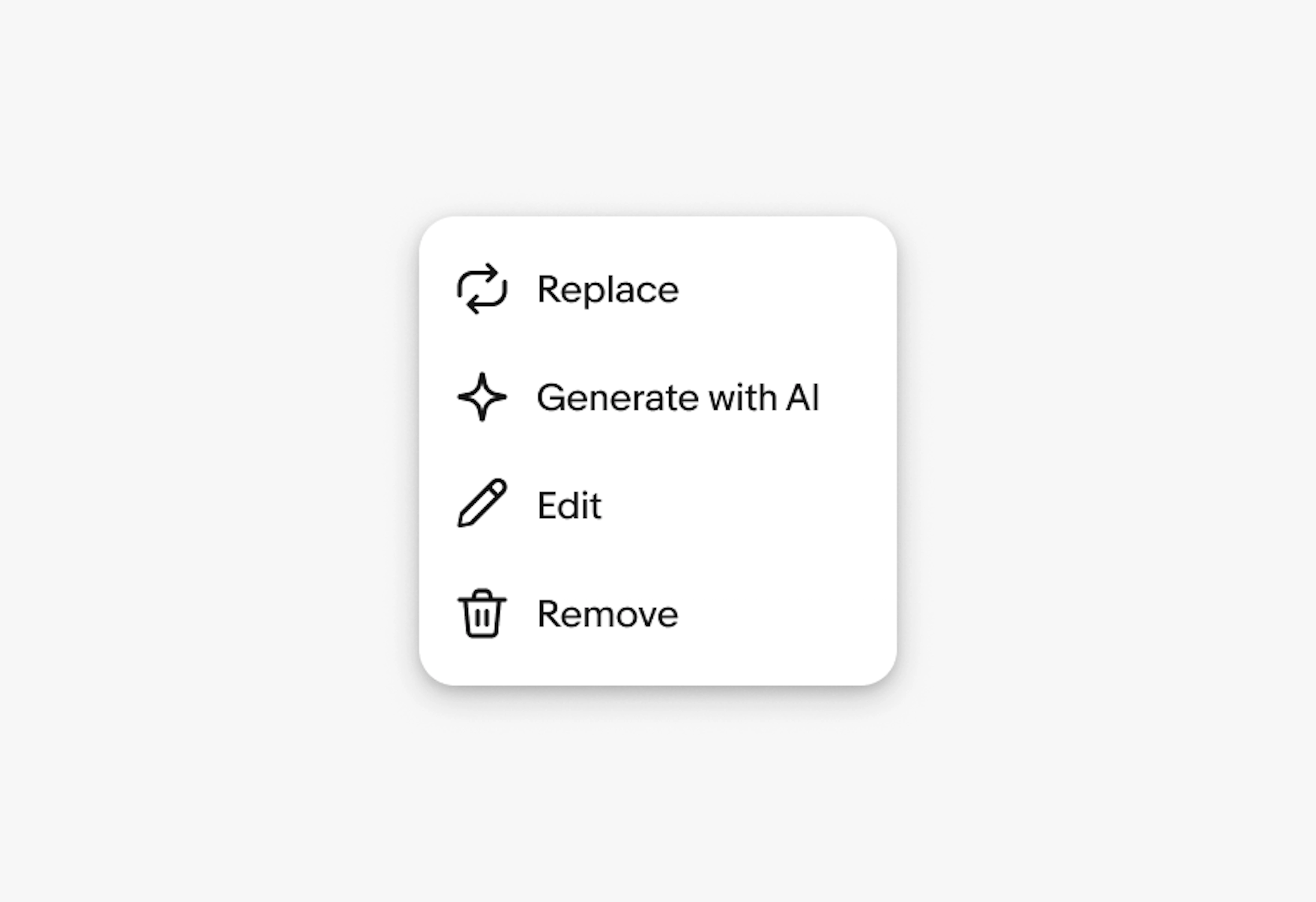 Menu with actions Replace, Generate with AI, Edit, Remove; each with simple icons.