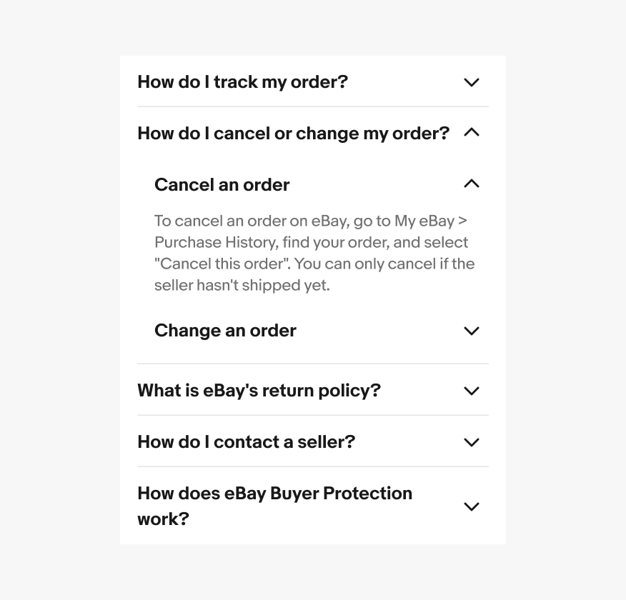 Order-help accordion with nested Cancel an order and Change an order sections inside the expanded cancellation question.