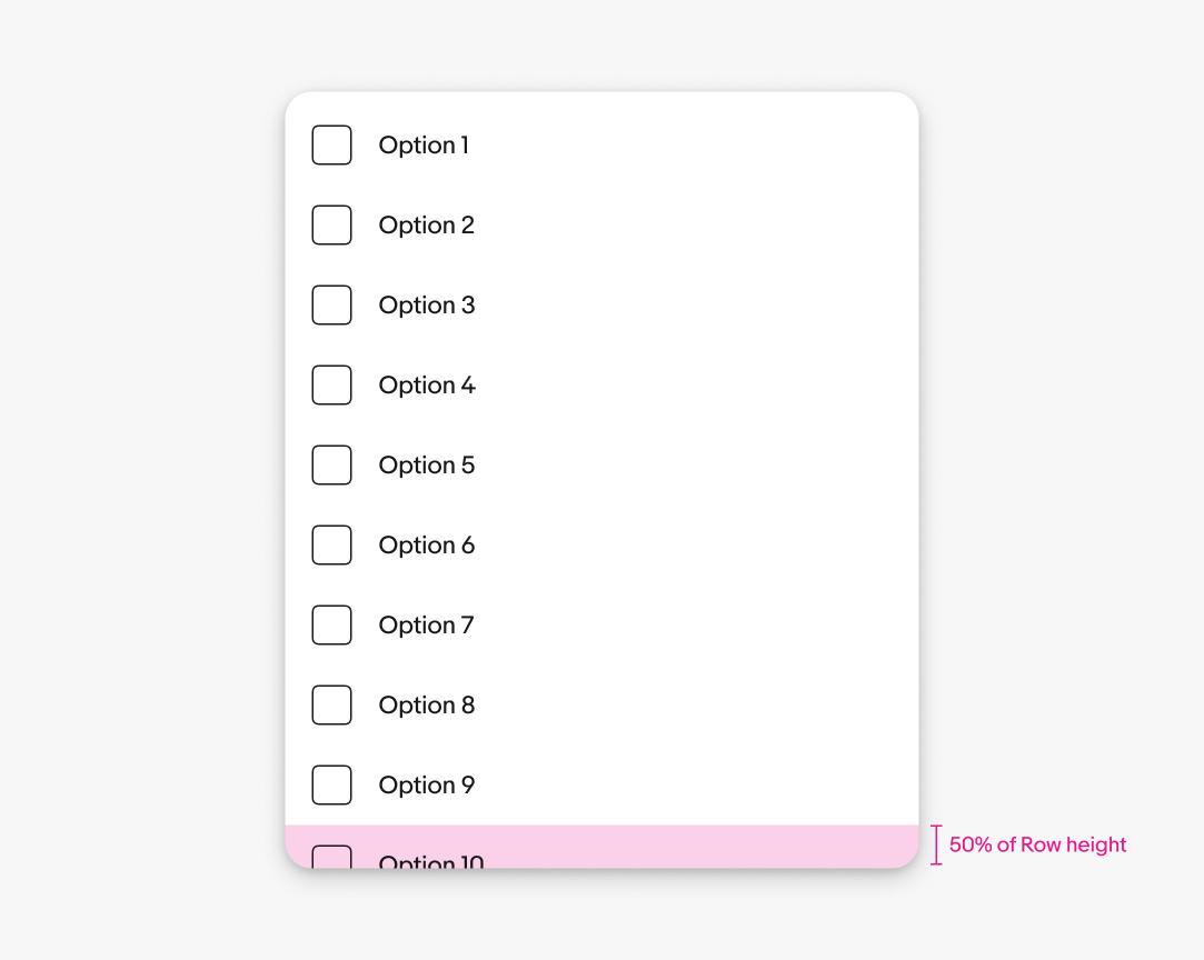 Menu height guidance showing options 1–10 and a pink indicator for bottom padding equal to row height × 0.5.
