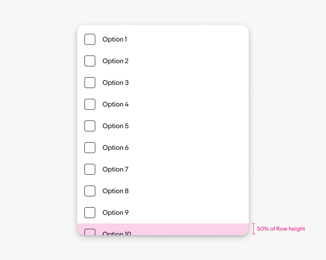Menu height guidance showing options 1–10 and a pink indicator for bottom padding equal to row height × 0.5.