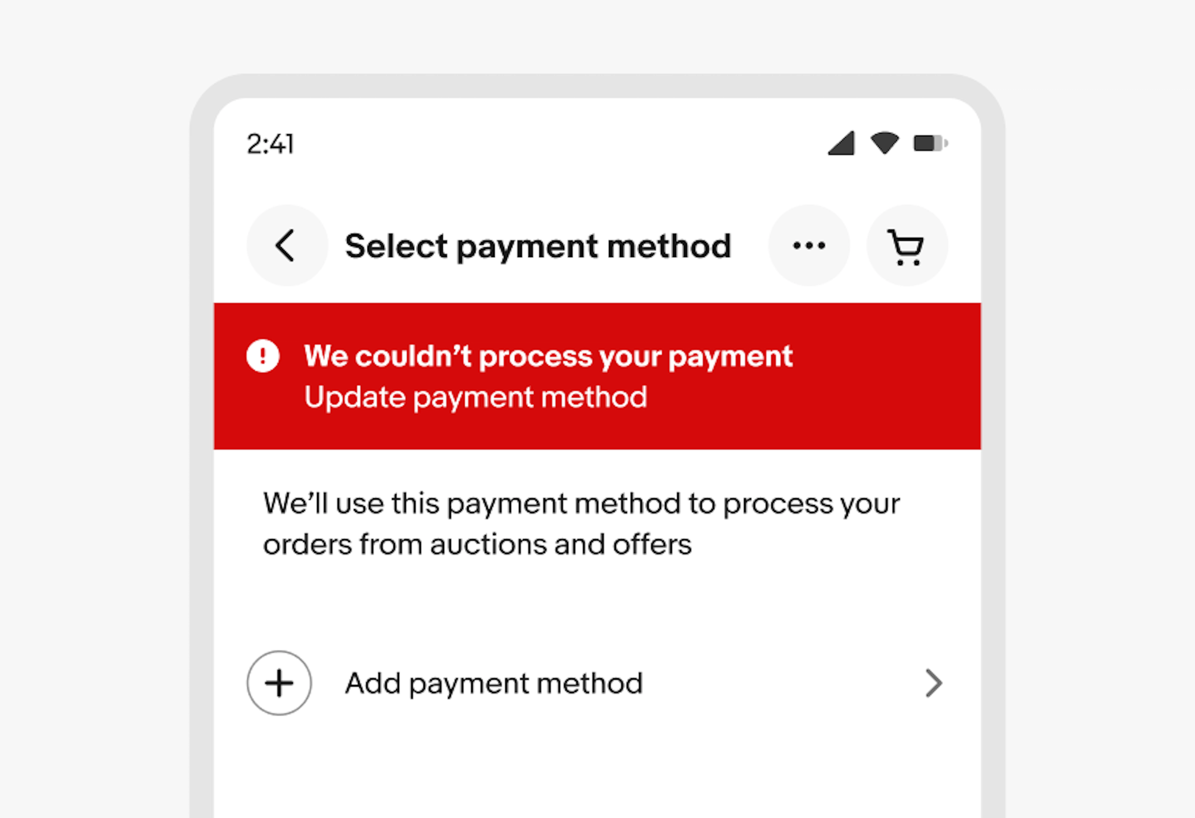 Page-level alert notice with header "We couldn't process your payment" and body "Update payment method"