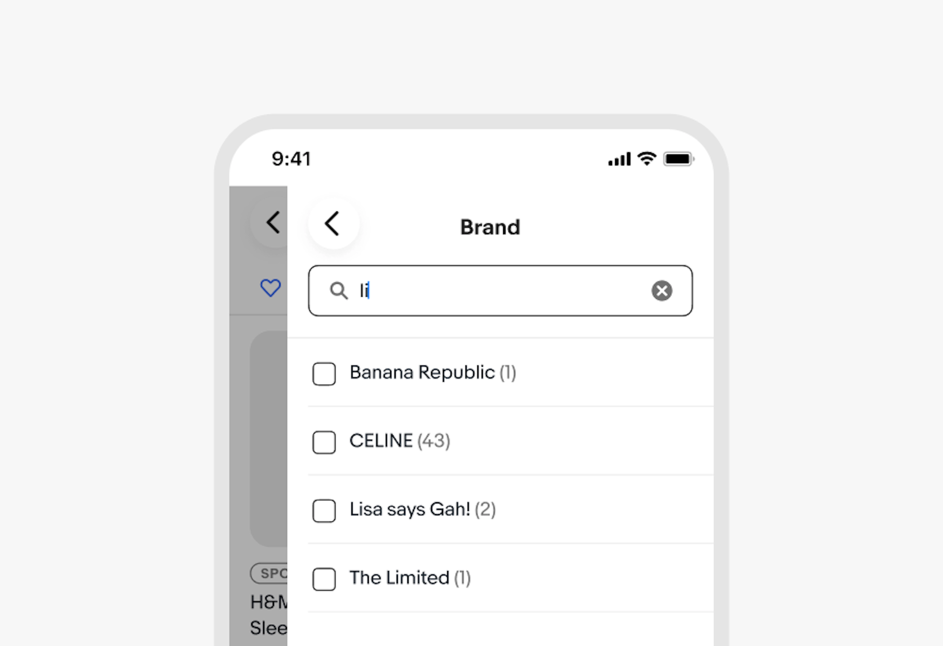 Mobile Brand filter screen with a search field containing the query "li". Filtered results below show: Banana Republic (1), CELINE (43), Lisa says Gah! (2), and The Limited (1).