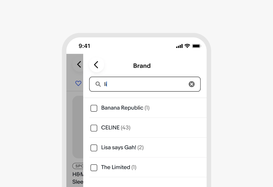 Mobile Brand filter screen with a search field containing the query "li". Filtered results below show: Banana Republic (1), CELINE (43), Lisa says Gah! (2), and The Limited (1).