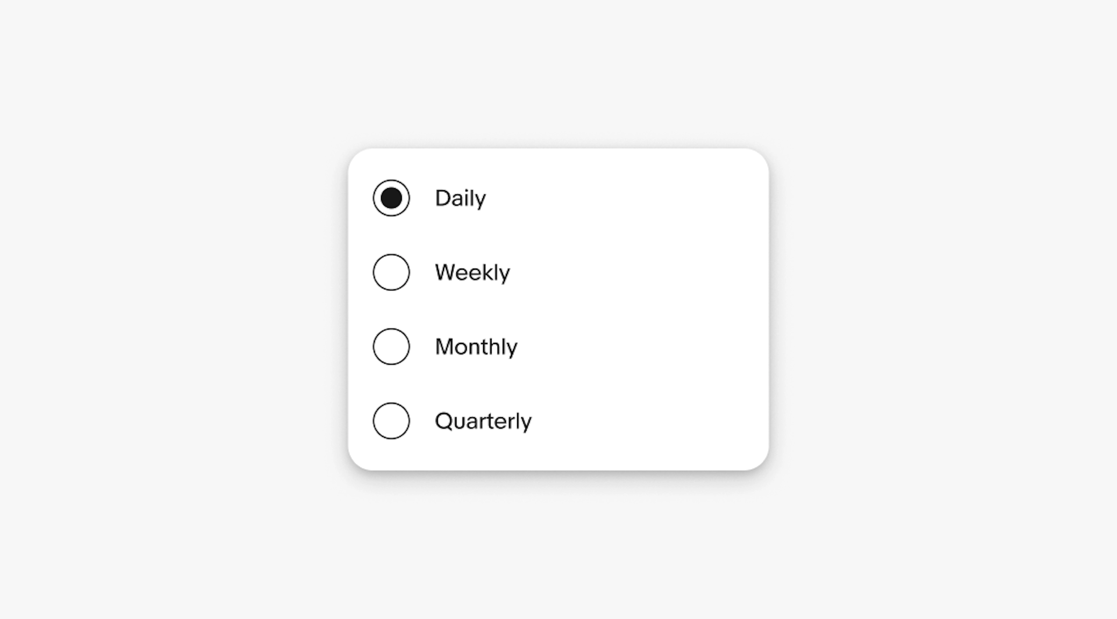 Form dropdowns: multiselect checklist with Bookmarks and Trading cards checked; single‑select radio with Weekly chosen.