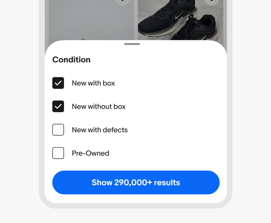 Bottom sheet on search with checkboxes: New with box and New without box selected; New with defects and Pre-Owned unselected; blue button “Show 290,000+ results”.
