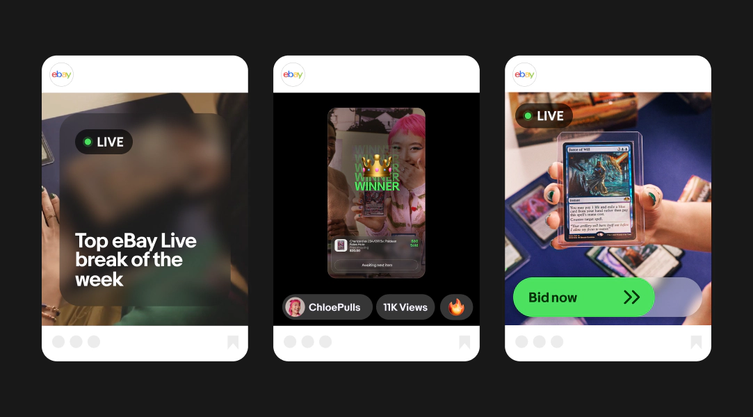 A 3-up social media carousel that shows on-site expression, including frosted glass, a winner animation, and the “Bid now” button.