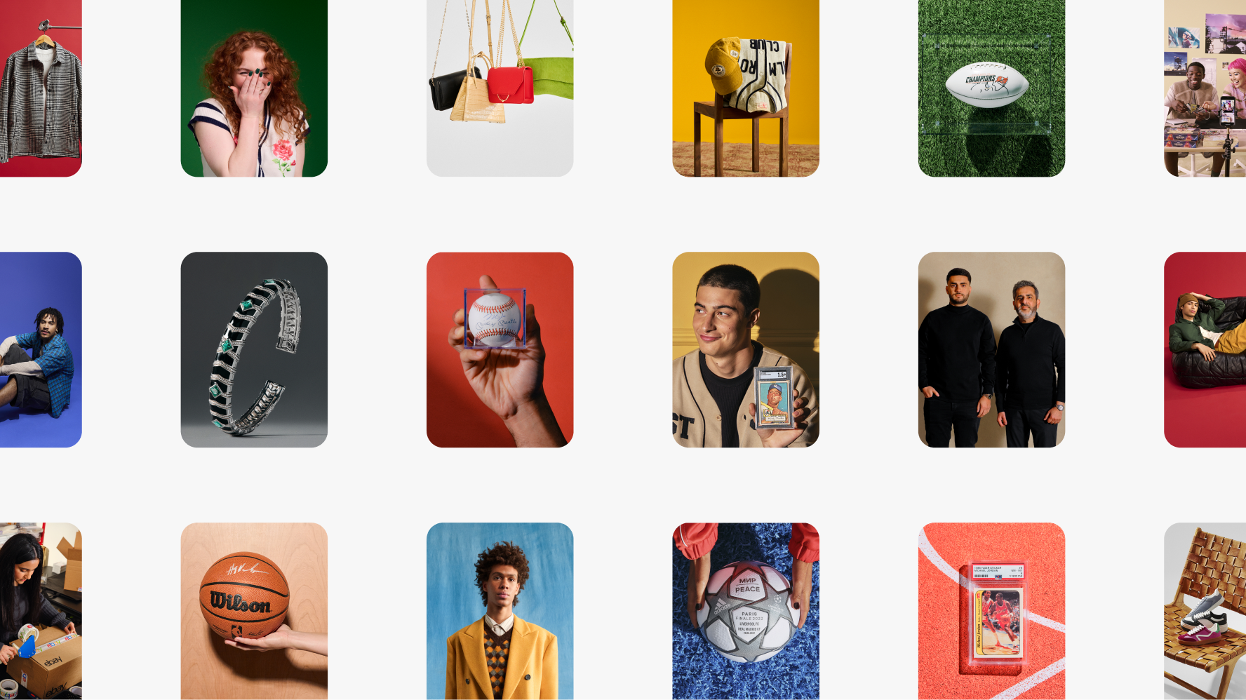 A grid of brand photos full of colorful backgrounds and studio shots featuring collectibles, jewelry, fashion, and sports items.