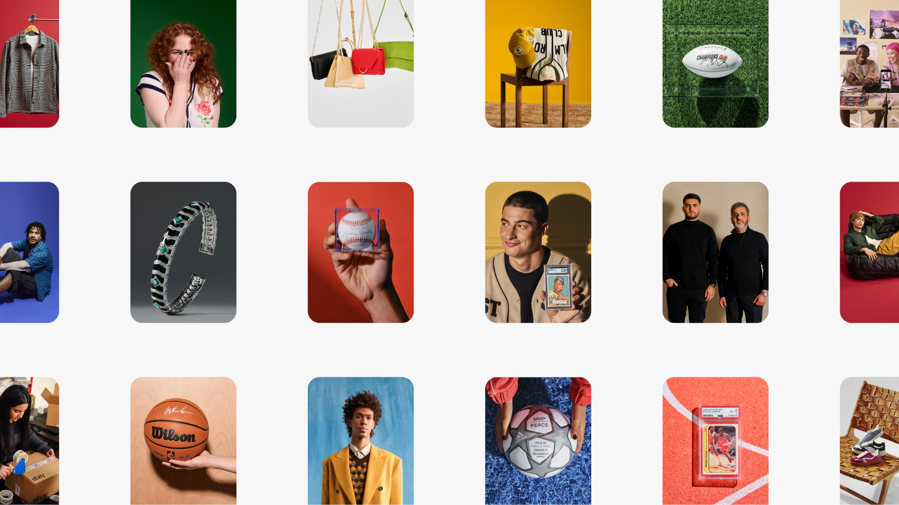 A grid of brand photos full of colorful backgrounds and studio shots featuring collectibles, jewelry, fashion, and sports items.