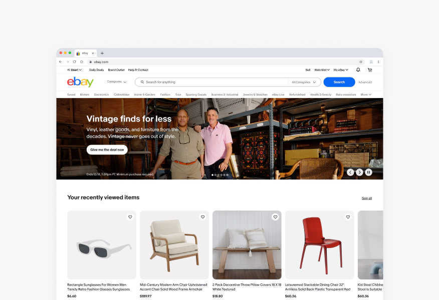 A short, full bleed lifestyle image banner that stretches from edge to edge at the top of the eBay homepage. This short banner takes up about one third of the viewport height.