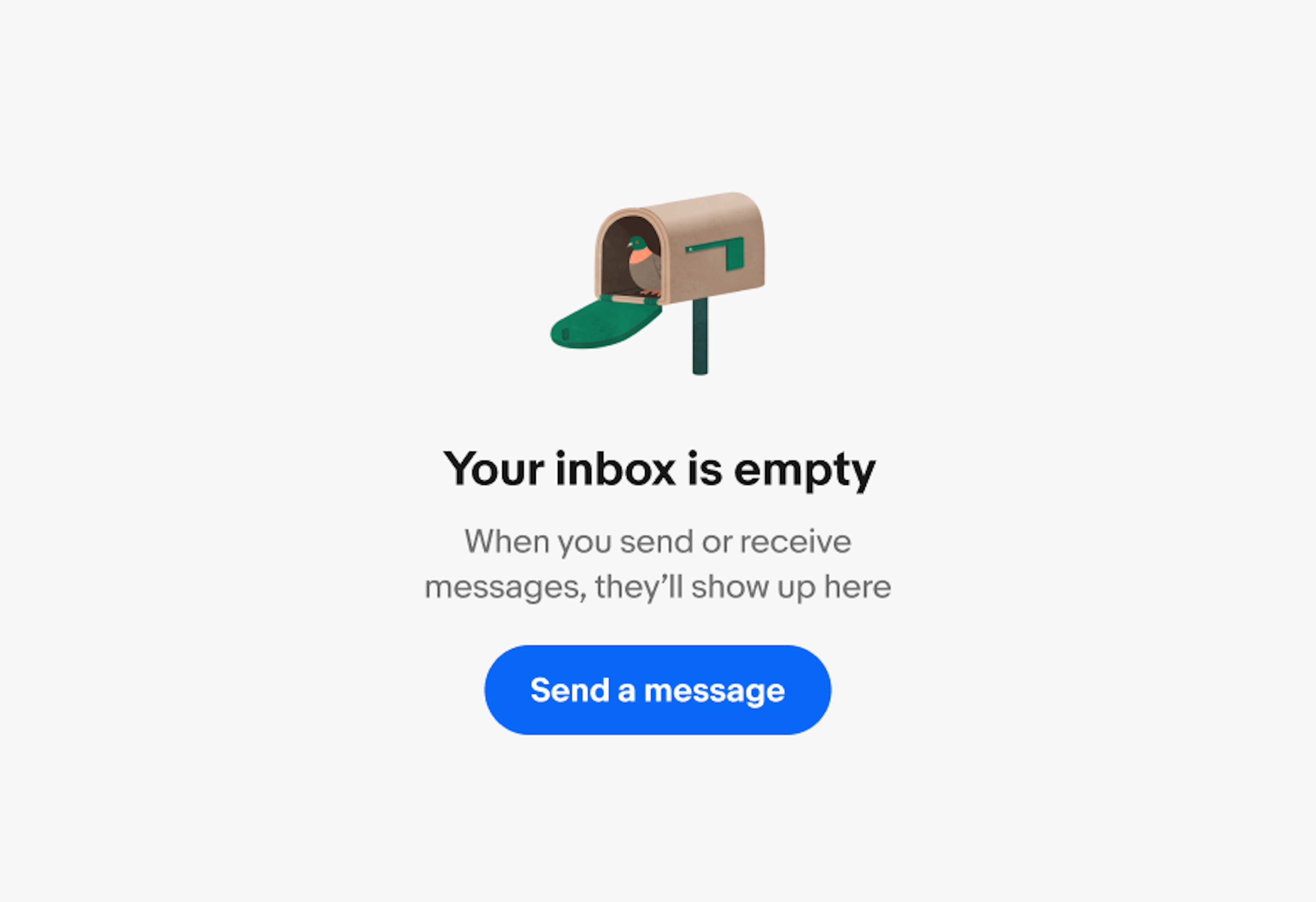 Messages screen showing an empty inbox state with the Pigeon Mailbox illustration