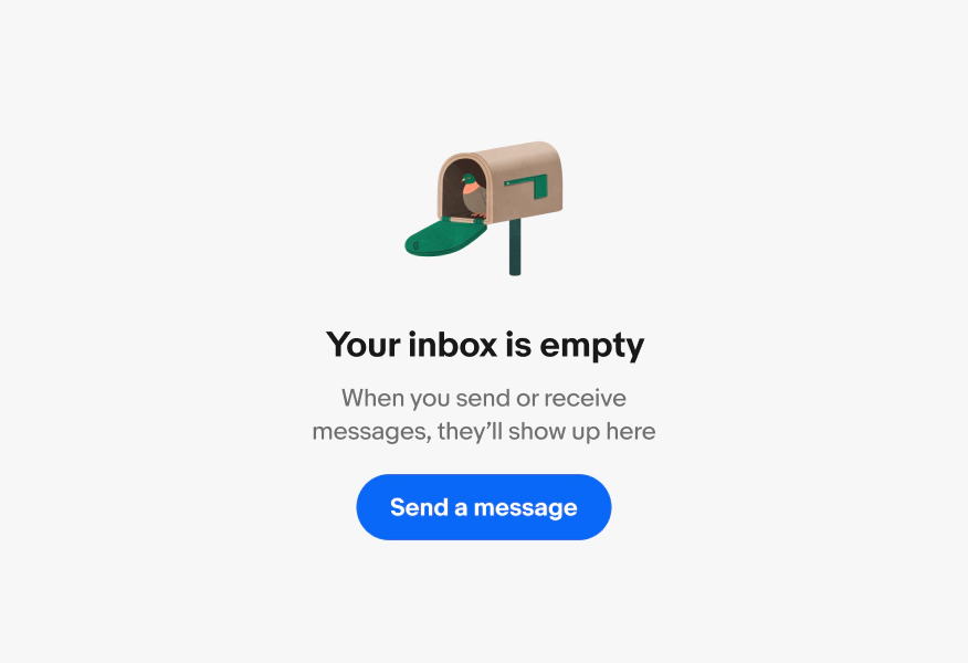 Messages screen showing an empty inbox state with the Pigeon Mailbox illustration