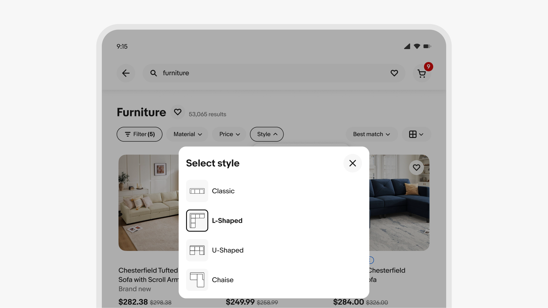 A popover sits below a ‘Style’ quick filter button.