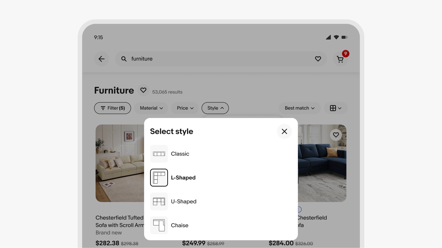 A popover sits below a ‘Style’ quick filter button.