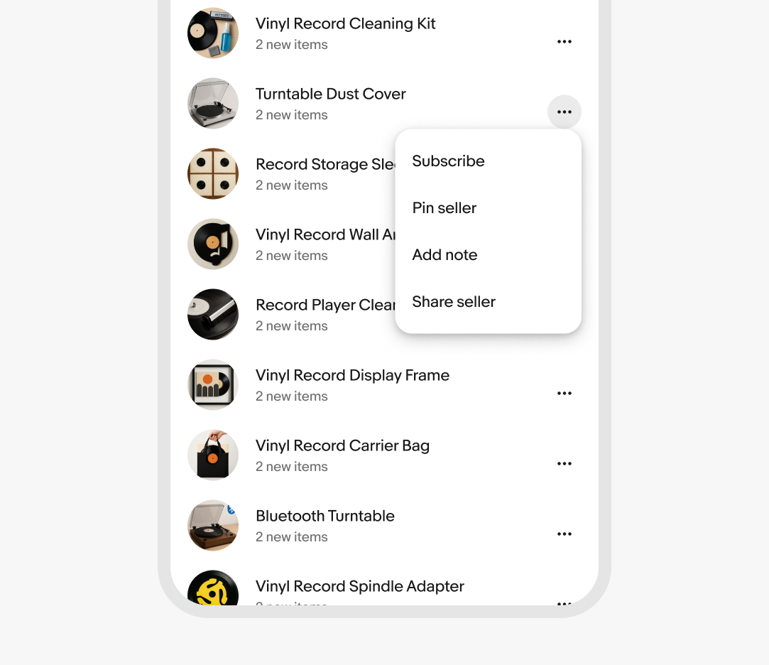 A menu with actions triggered by an overflow button on a item card with Subscribe, Pin seller, Add note, Share seller