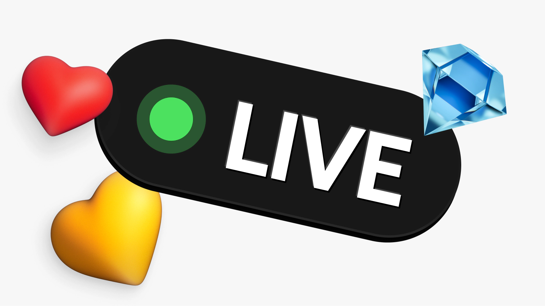 A 3D Kiwi pill tile with the word “LIVE” in all caps floats on a Kiwi background. Three proprietary 3D emojis, two fires to the left and one diamond on the right, are placed over and under the pill, giving a sense of depth and movement.