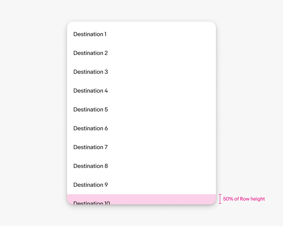 Menu height guidance showing options 1–10 and a pink indicator for bottom padding equal to row height × 0.5.