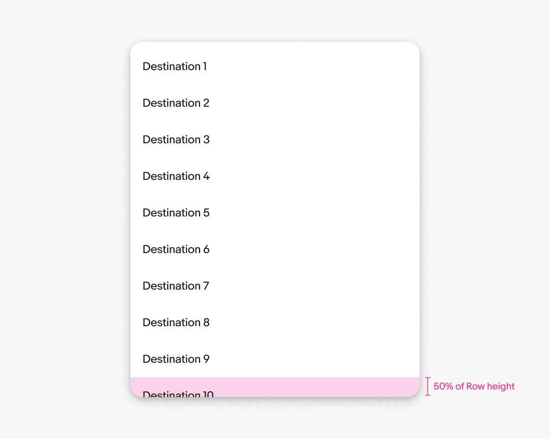 Menu height guidance showing options 1–10 and a pink indicator for bottom padding equal to row height × 0.5.
