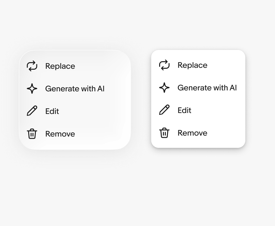 iOS and Android app menus side by side listing Replace, Generate with AI, Edit, Remove; shows style/elevation comparison.