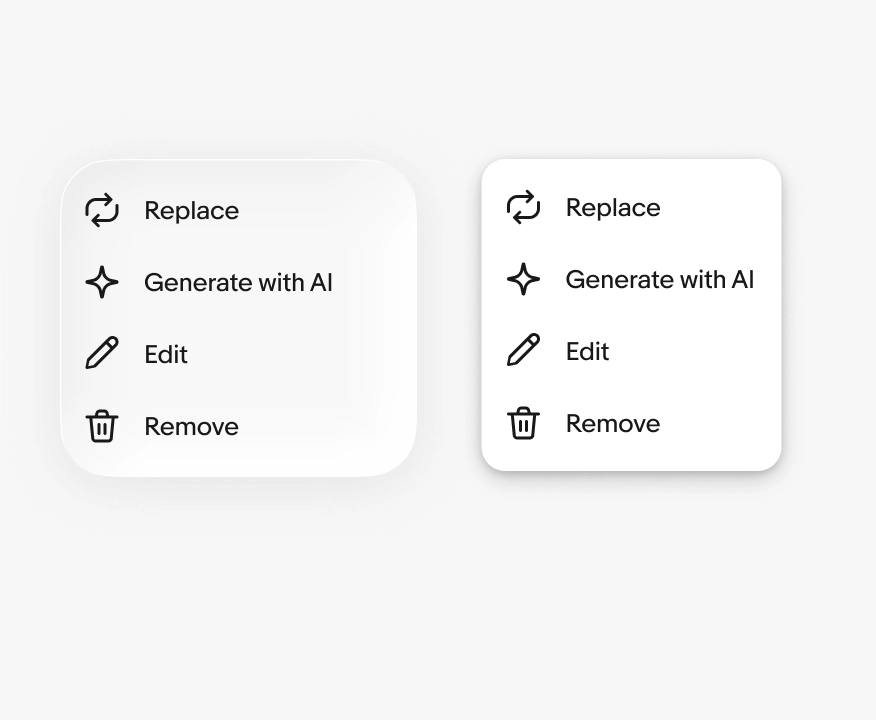 iOS and Android app menus side by side listing Replace, Generate with AI, Edit, Remove; shows style/elevation comparison.