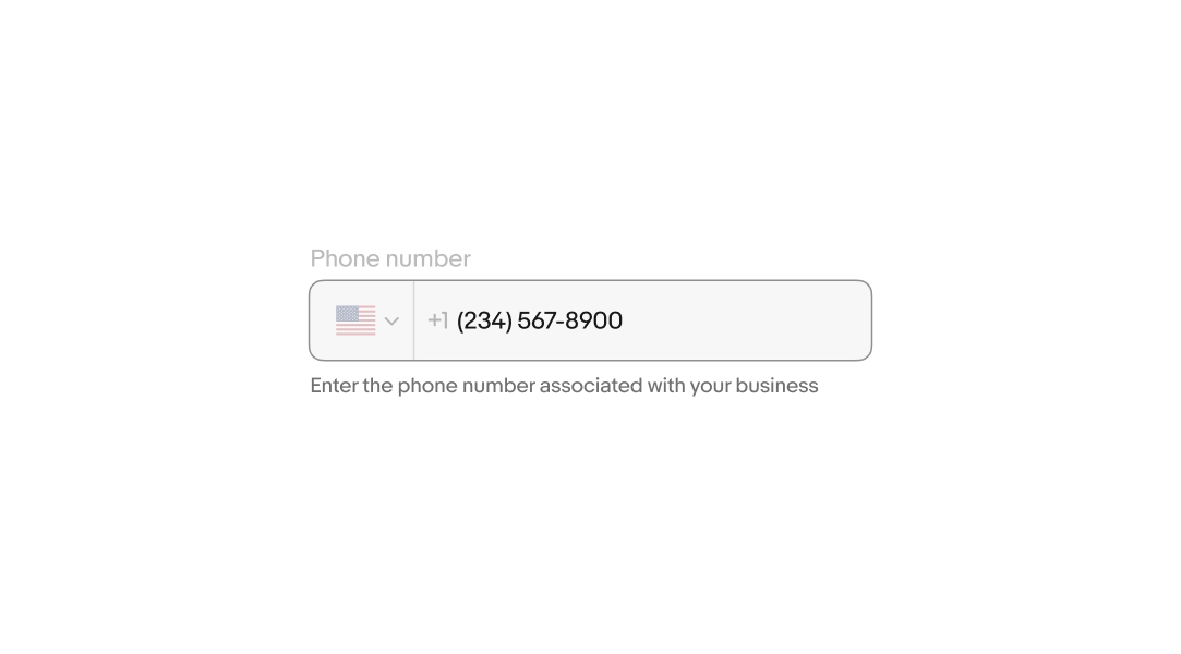Helper text is showing under the phone number and reads, “Enter the phone number associated with your business”.
