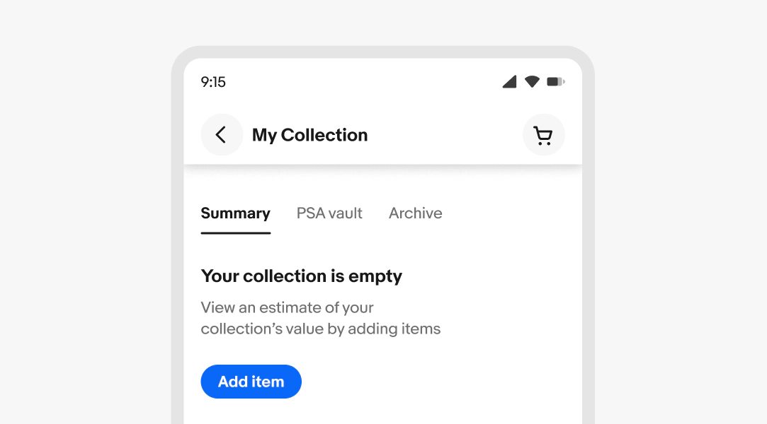 My Collection screen showing an empty collection state with an Add item button.