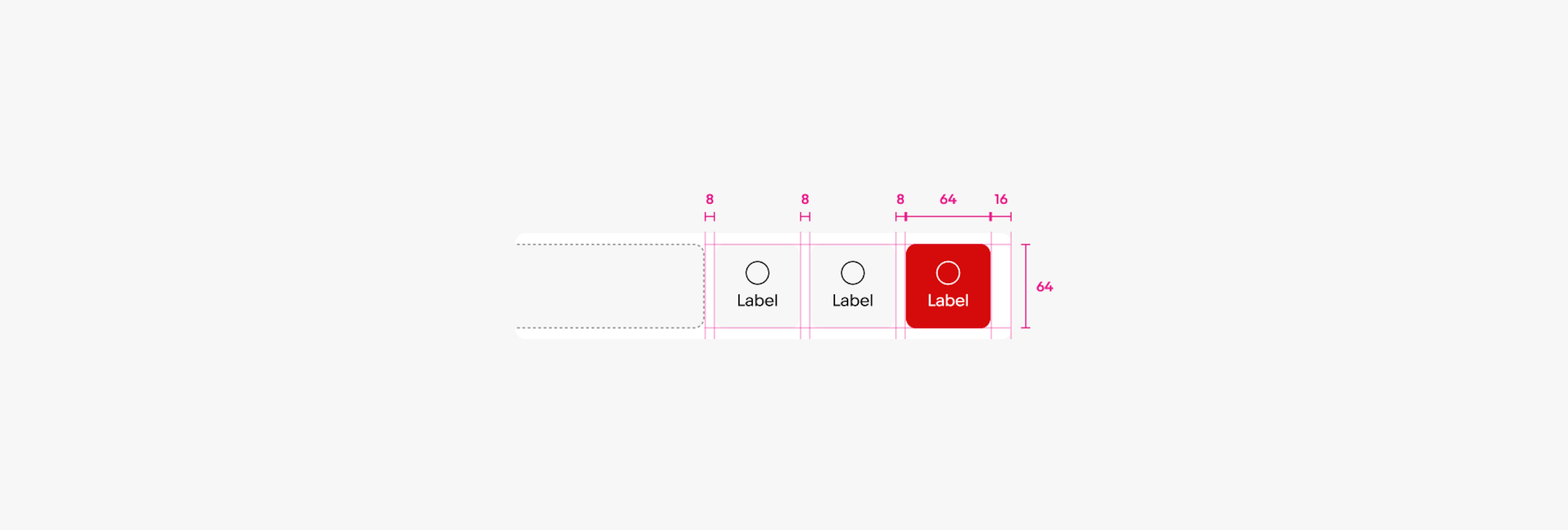 Exposed contextual action buttons 16px from the edge and 8px gap between them, and 64px by 64px in size.