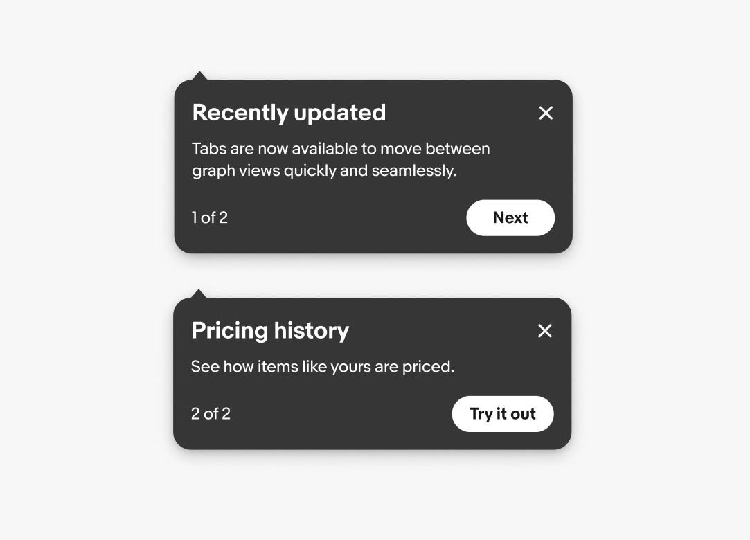 Two tourtips showing the sequence text in the footer. A tourtip with sequence text of “1/2” and dismiss button sits above a tourtip with sequence text of “2/2” and ‘Try it out’ button.