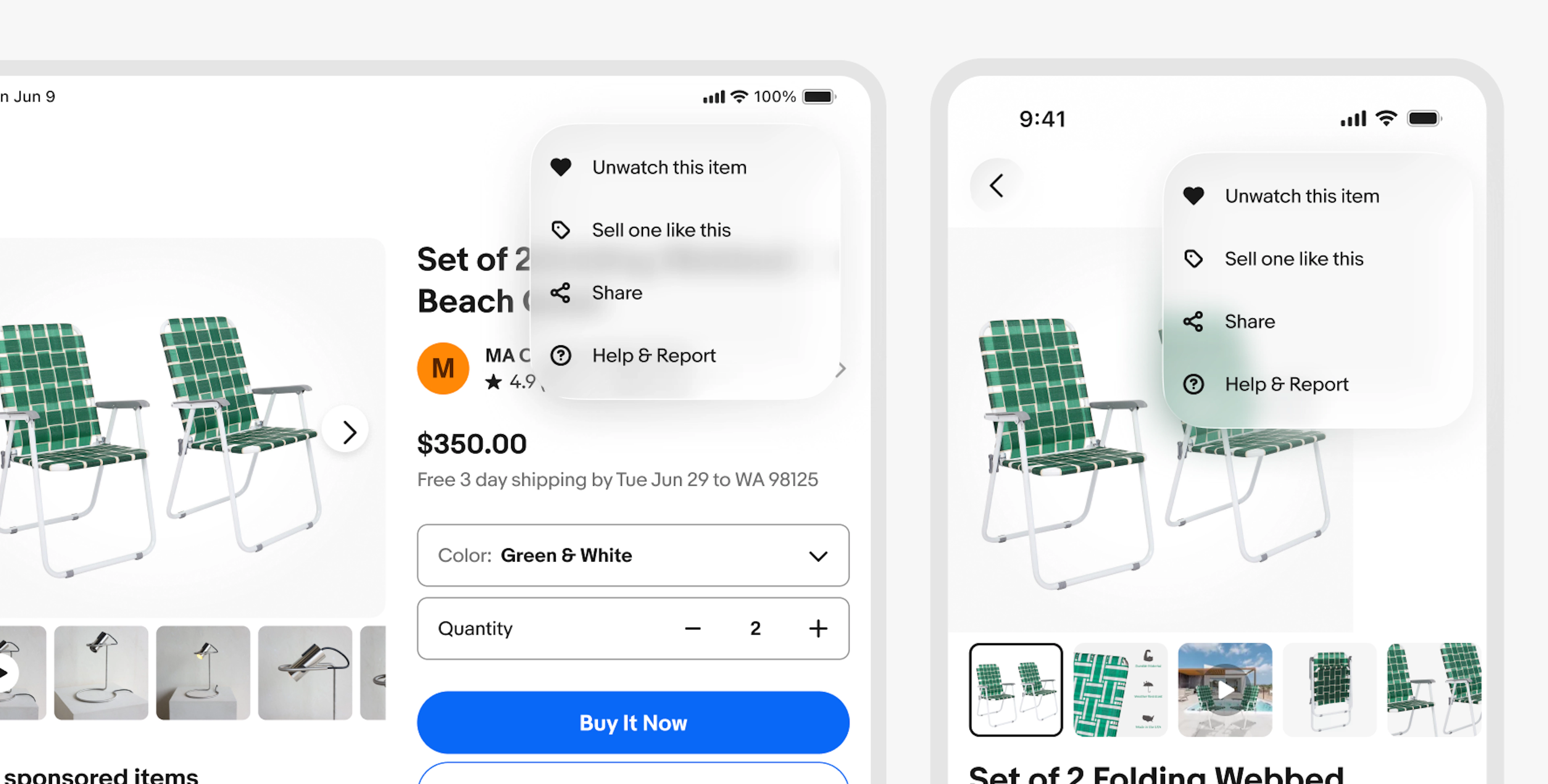 A tablet and mobile iOS screen side-by-side: eBay item page with overflow popover menu of actions; Unwatch item, Sell on like this, Share, Help & Report